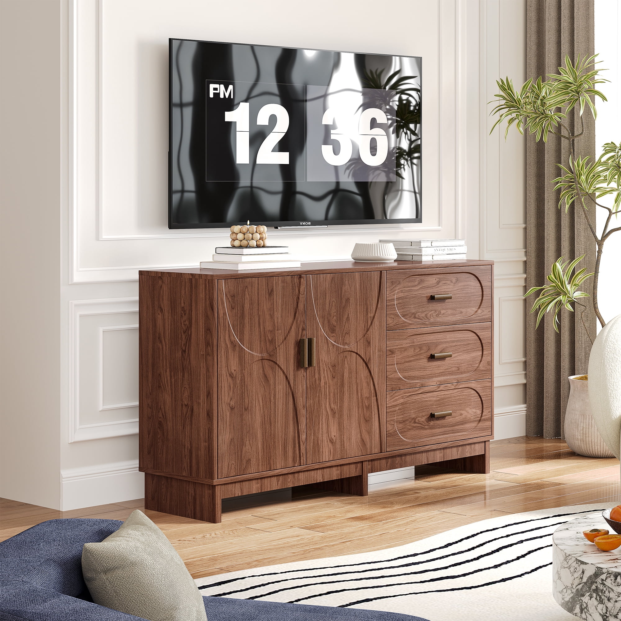 Leumius 59.1" Buffet Sideboard with 2 Doors and 3 Drawers, Walnut Finish with Oval Grain Texture, Farmhouse Storage Cabinet for Dining Room Living Room Hallway