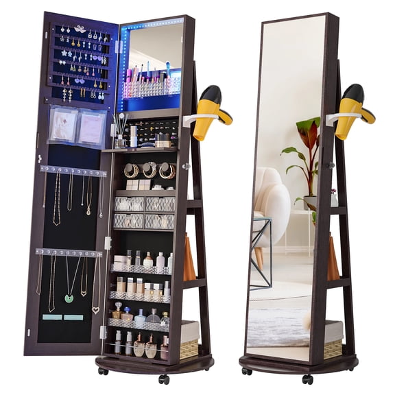 Gurexl LED Mirror Jewelry Cabinet Standing, 360° Swivel Jewelry Armoire, Full Length Mirror with Storage, Lockable Jewelry Organizer with Adjustable LED Lights for Bedroom (Dark Brown)