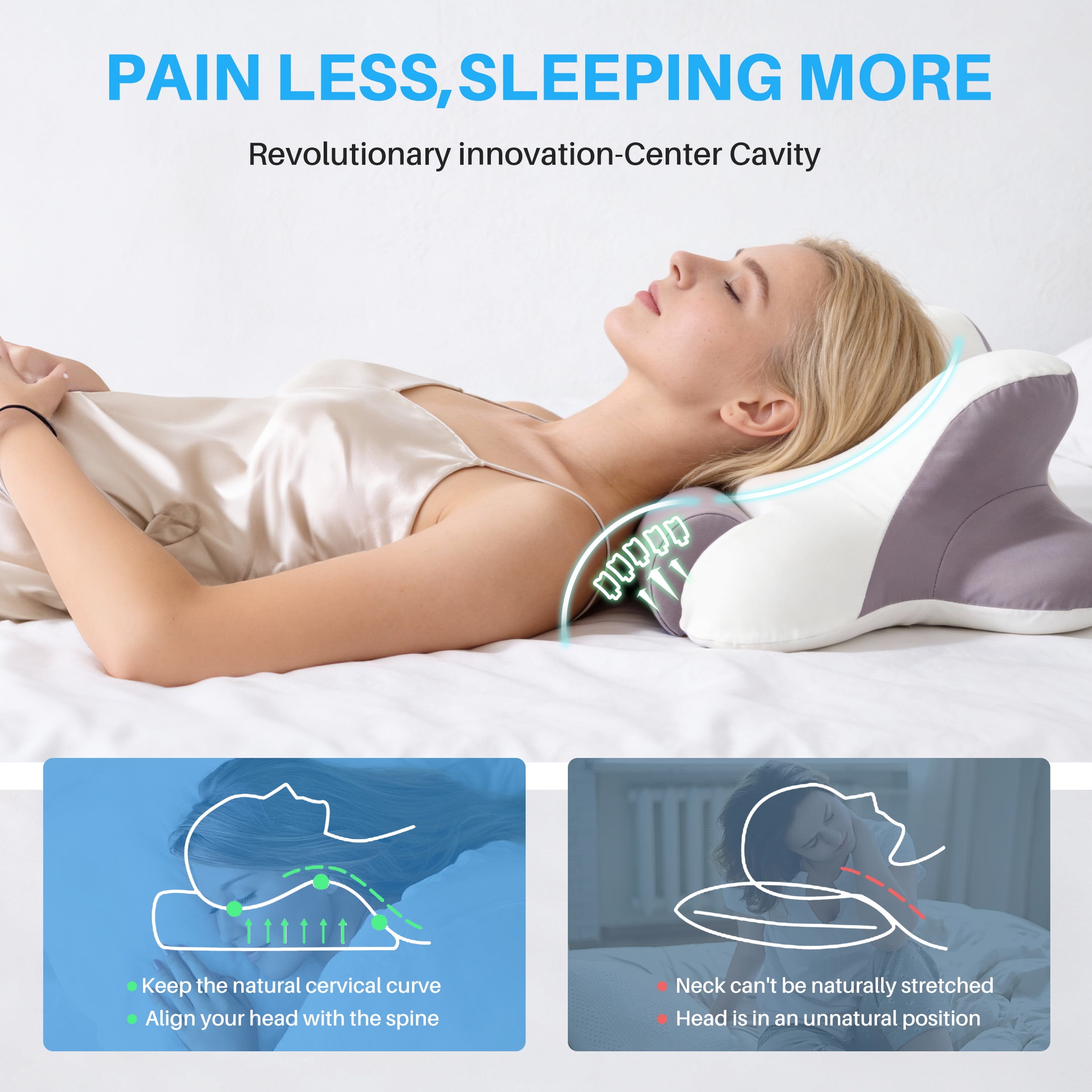 EDX Queen Size Cervical Pillows Memory Foam Bed Pillow for Neck Pain Relief- Removable Cover,White and Gray