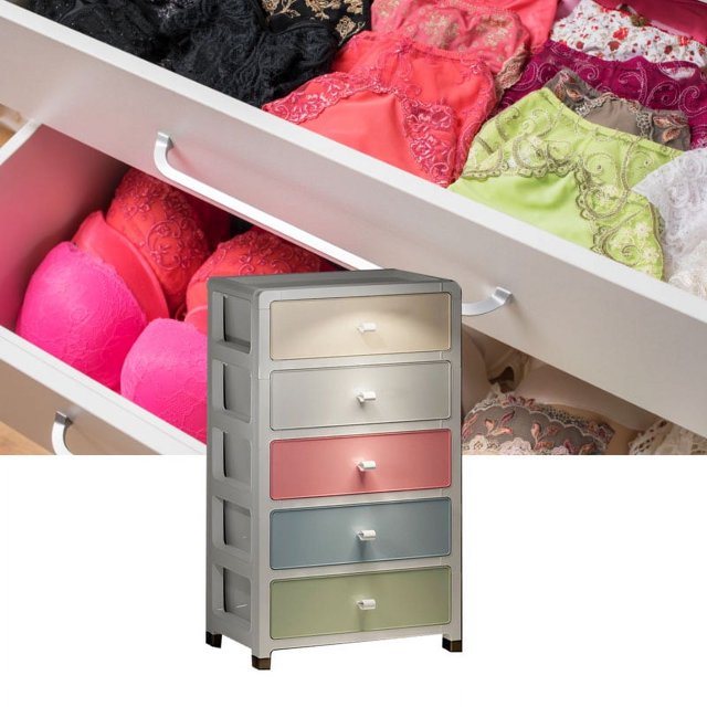 gabinete de almacenamiento buyweek con cajones de pp para el hogar gabinete de 5 cajones frontal en plástico PP gris con cajones traslúcidos crema, rosa, azul y verde y tiradores cuadrados; patas cortas negras; apto para guardar ropa, accesorios y documentos, sirve como mesita auxiliar o cómoda.