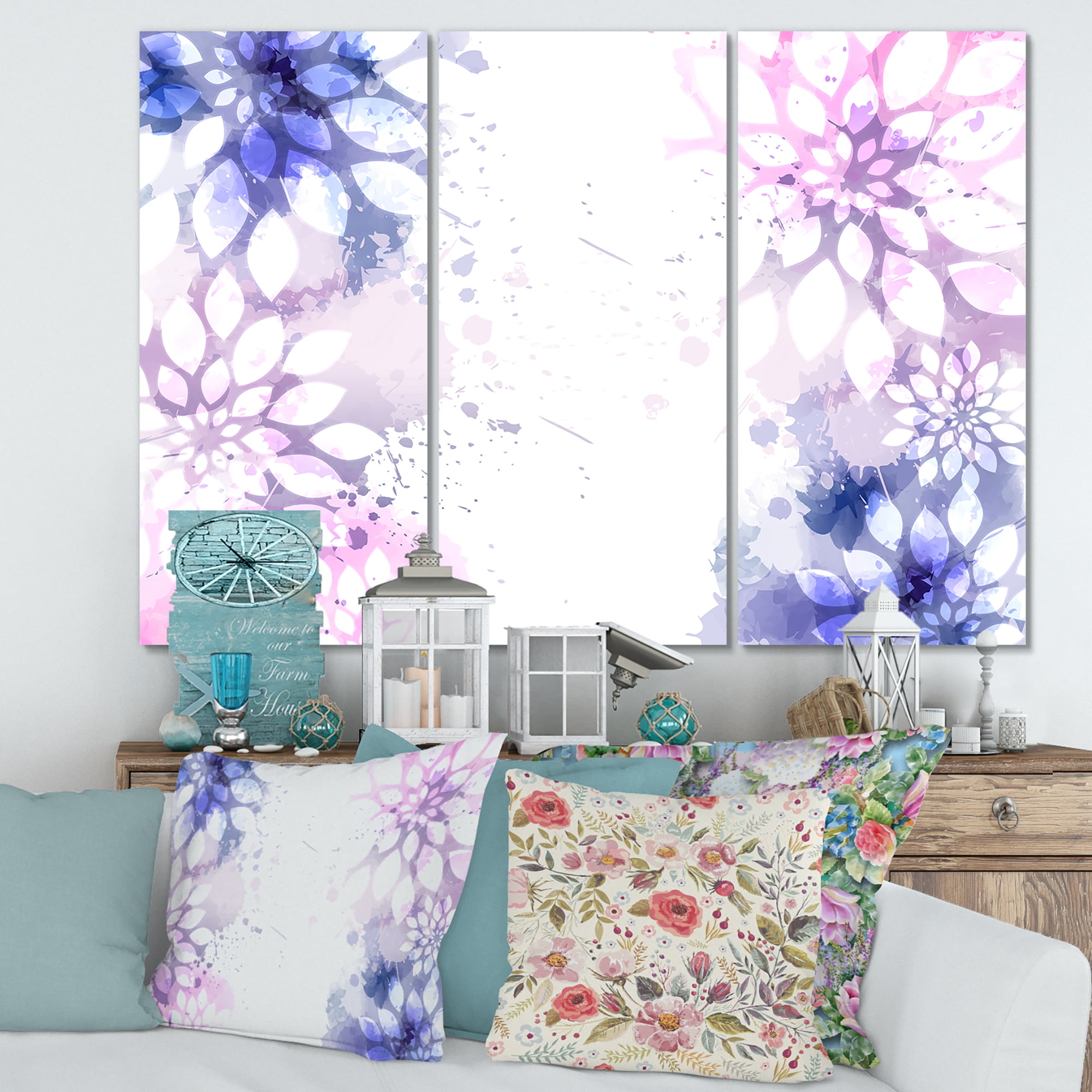 Designart ' Pink and Purple Abstract With Colorful Splashes II ' Modern Canvas Wall Art Print