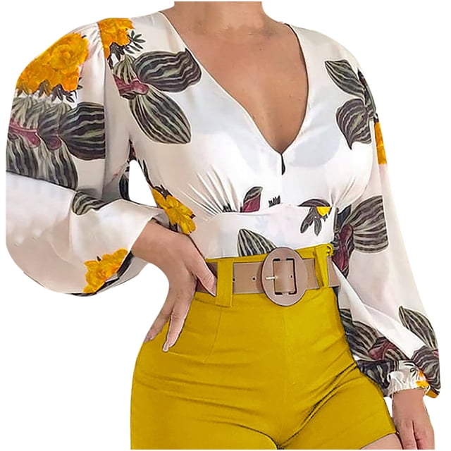 Blusa de manga larga con cuello en V y manga larga con estampado floral para mujer Fridja hj4612