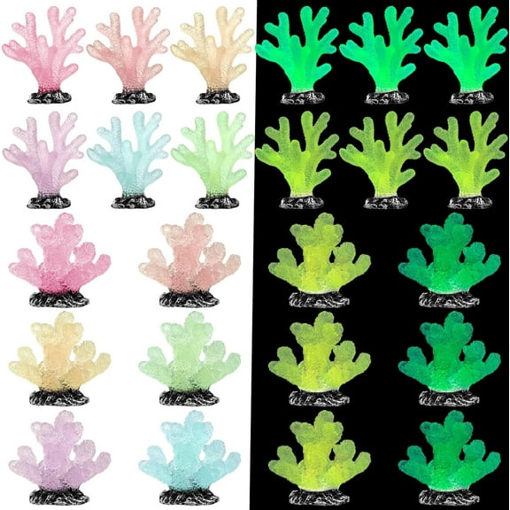 Monebena 24 Pcs Luminous Fake Coral Plant Aquarium Decorations Glow in The Dark Artificial Resin Colorful Fish Tank Ornament Decor Coral Reef Decoration Accessories for Fish Tank Aquarium Landscape