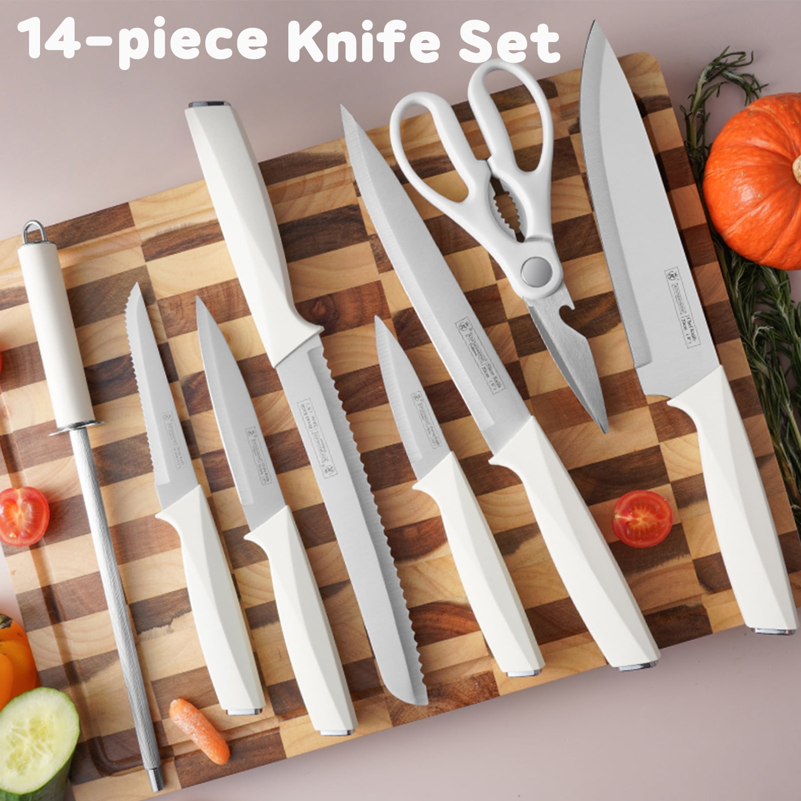 Kitchen Knife Block Set, 14-Piece Knife Set with Block and Sharpener, Sharp Stainless Steel Chef Knife Set for Kitchen Home Apartment Restaurant, White Knives Set Gifts for Women Mom