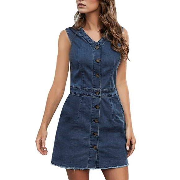 Womens Dress Dresses for Women Long Sleeve Fall Womens Casual V Neck Sleeveless Jeans Button Down Denim Short Dress Adult Female Clothes Blue Size L