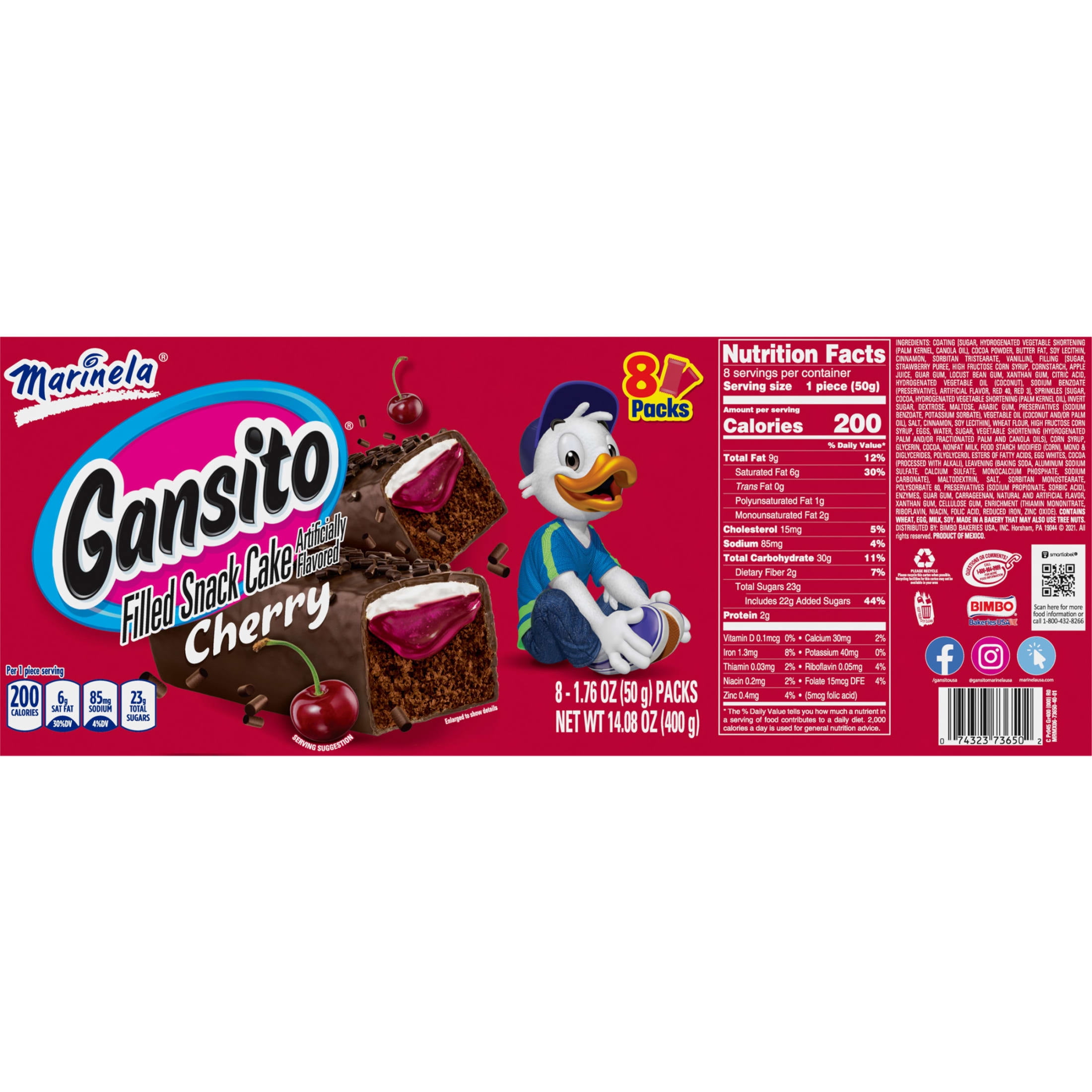 Marinela Gansito Cherry Filled Chocolate Snack Cakes, 8 packs, Chocolate Flavored Covered Snack Cakes, 14.08 oz Multipack