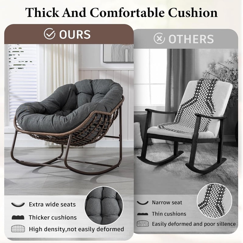 Outdoor Rattan Rocking Chair, Rocking Papasan Chair with Thick Cushion, Comfy Wicker Egg Chairs Lounge Recliner Chair, Padded Cushion Rocker