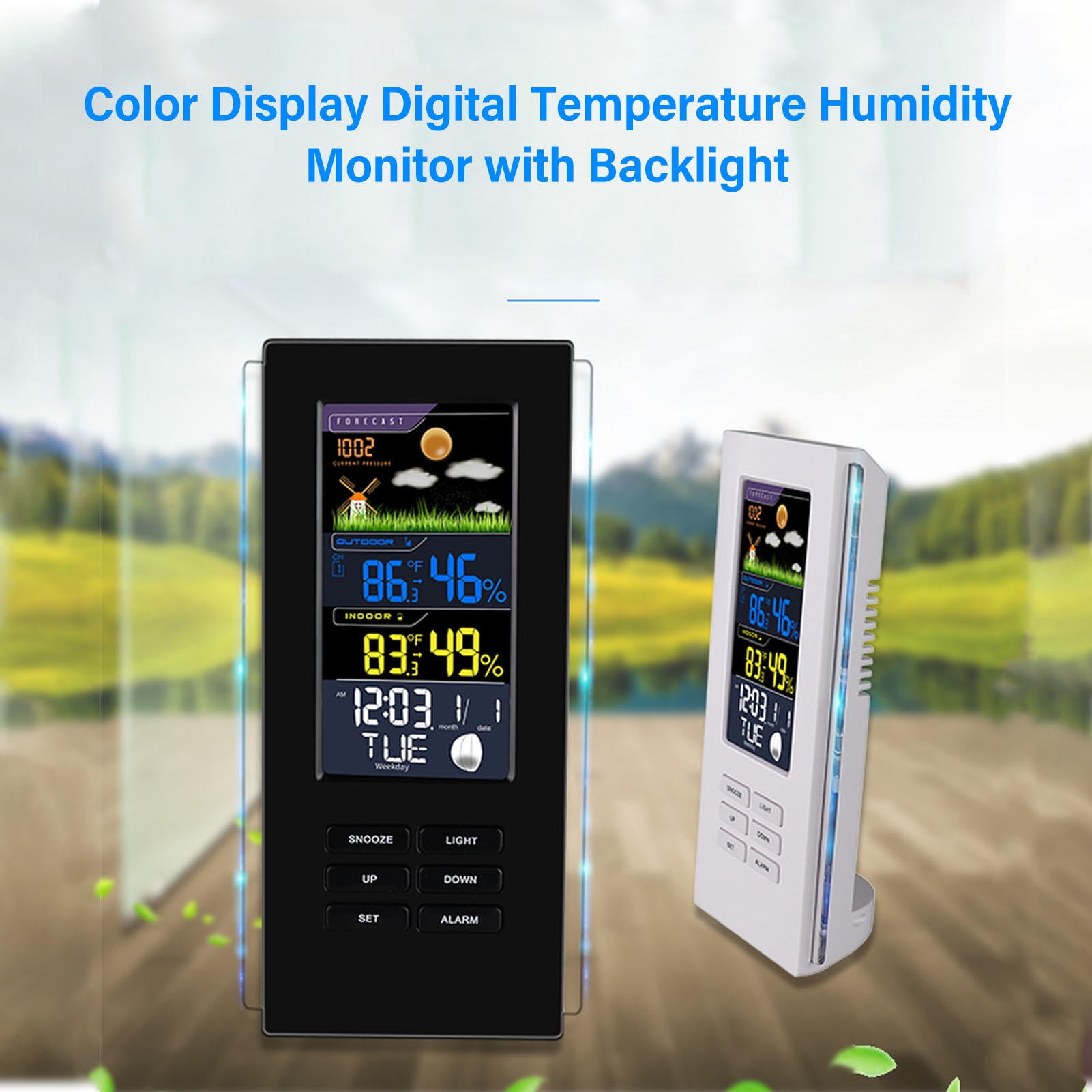 Xirurus Wireless Weather Station with Color Display – Indoor/Outdoor Thermometer, Hygrometer, Smart Alarm Clock, Rain & Snow Gauge, Black