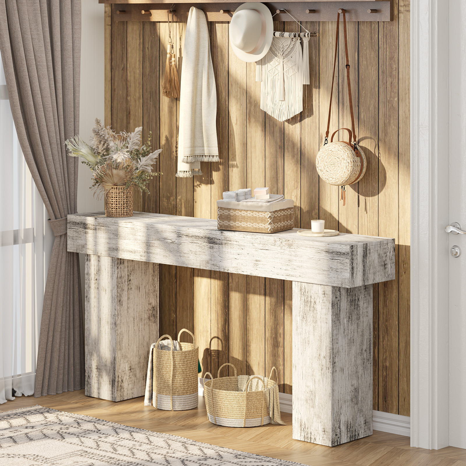 Doubleslee 63 Inch Long Entryway Table, Farmhouse Wood ConsoleTable Behind Couch, Industrial Hallway Accent Table for Living Room（Farmhouse White)