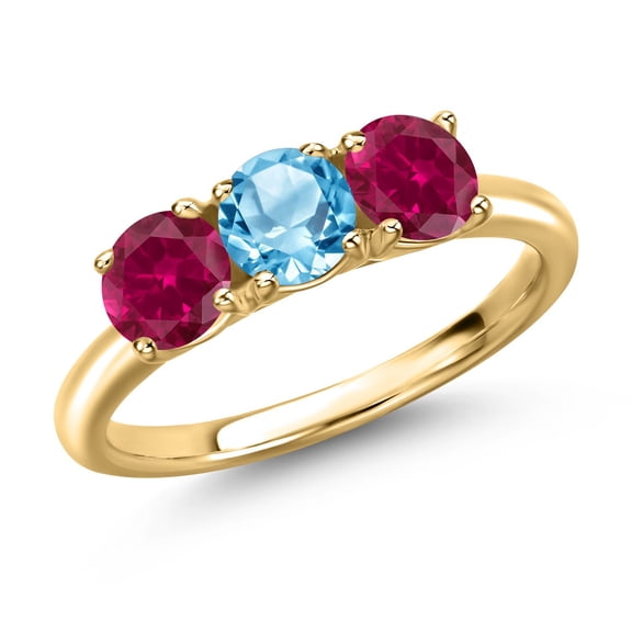 Gem Stone King 18K Yellow Gold Plated Silver Swiss Blue Topaz and Red Created Ruby Engagement Ring for Women | 1.85 Cttw | Round 5MM | Gemstone November Birthstone | Size 7