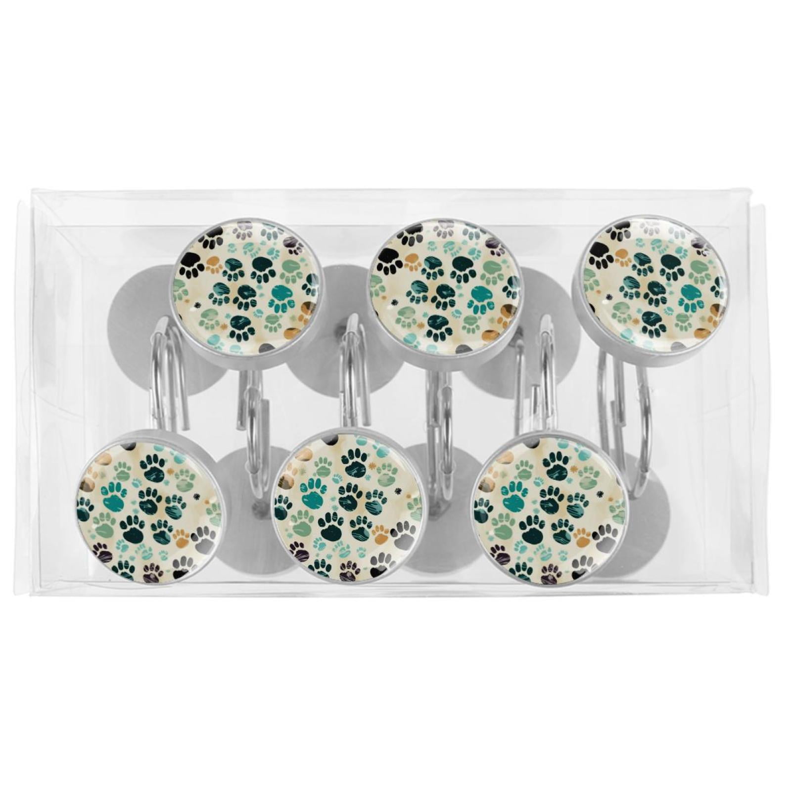 12 Pack Round Shower Curtain Hooks Crystal Glass Shower Rings Dog Paw Prints Curtain Hooks Home Decoration