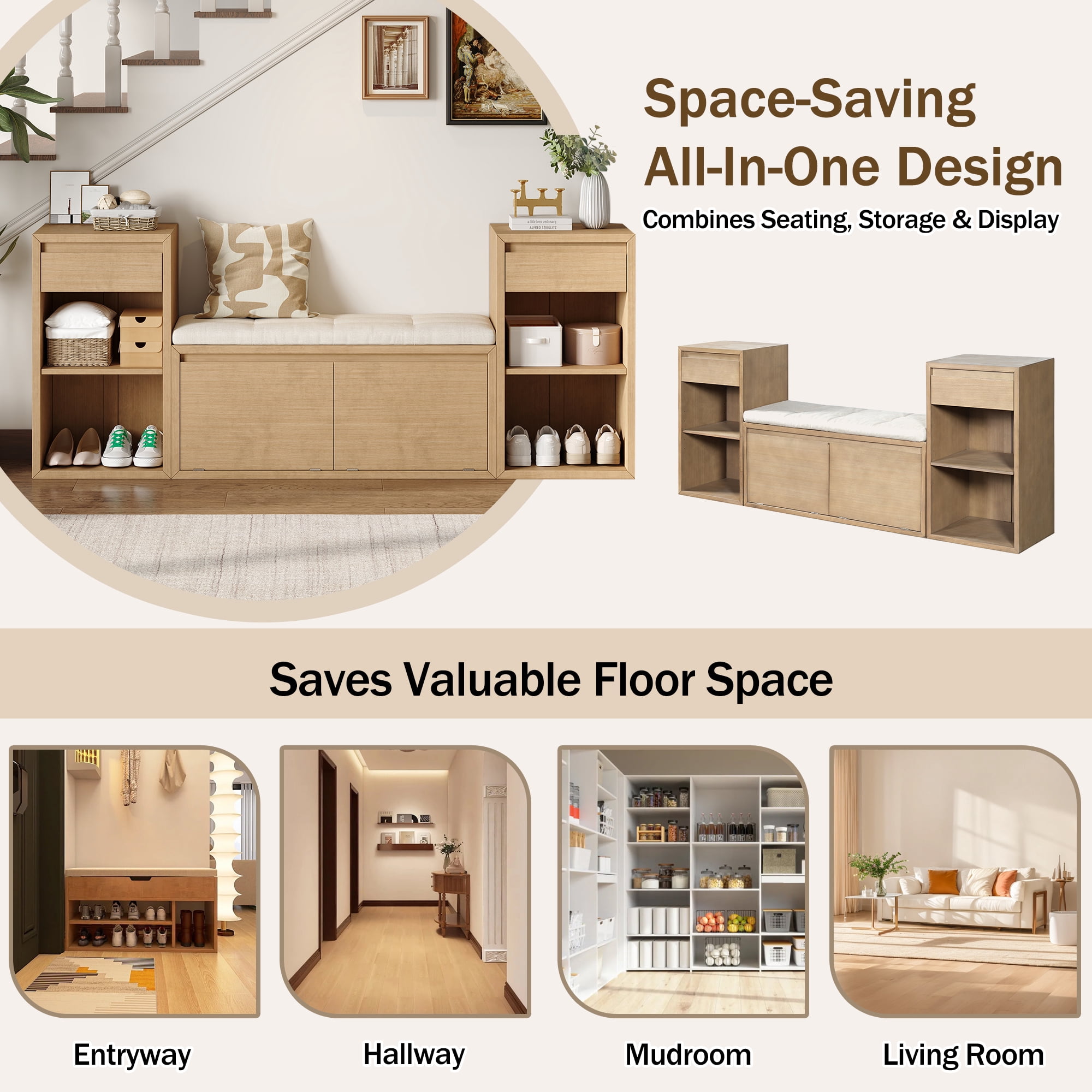 Euroco All-in-One Entryway Storage Bench with Cushion,3-Tier Shoe Bench with Open Shelves, 2 Drawers & 2 Doors, 77" Long Organizer Cabinet for Hallway,Entryway, Living Room, Bedroom,Brown