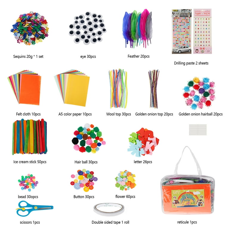 Children's Craft Set DIY Kids Crafts Supplies Craft Art Material Set for Kids with Pipe Cleaner Pompom Googly Eye Feather Sequin Scrapbooking Craft