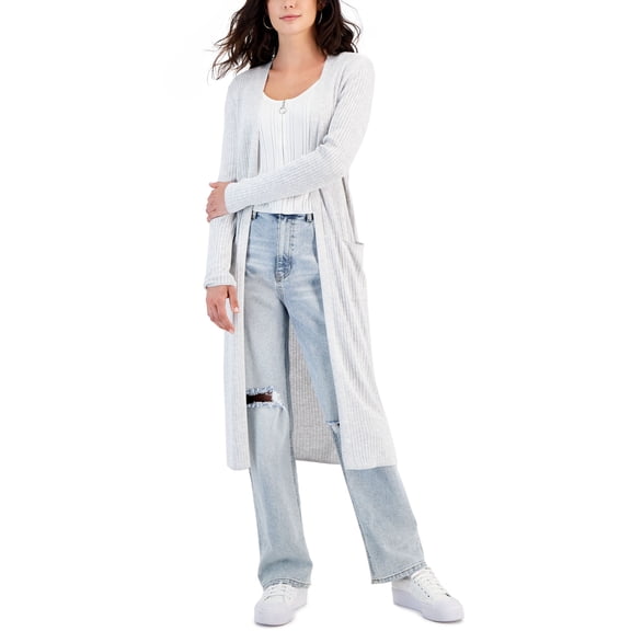 Juniors' Ribbed Duster Cardigan White Heather Grey XS