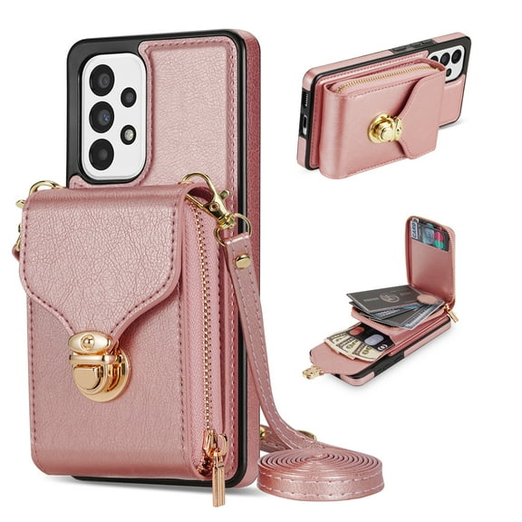 Nalacover Wallet Case for Samsung Galaxy A52 4G/5G,with Removable Adjustable Shoulder Strap,PU Leather Back Zipper Pocket Card Holder Stand Purse Shockproof Phone Case for Women Men,Rosegold
