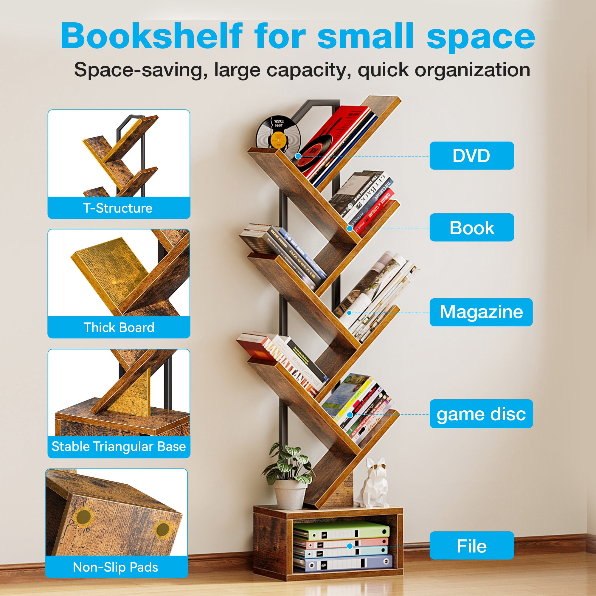 Casacomoda 6-Tier Tree Bookshelf for Corner & Small Space — Narrow Steel & Wood Bookcase, Tall Floor Standing Book Organizer Shelf with Storage Cabinet, Home Decor for Living Room, Bedroom, Vintage