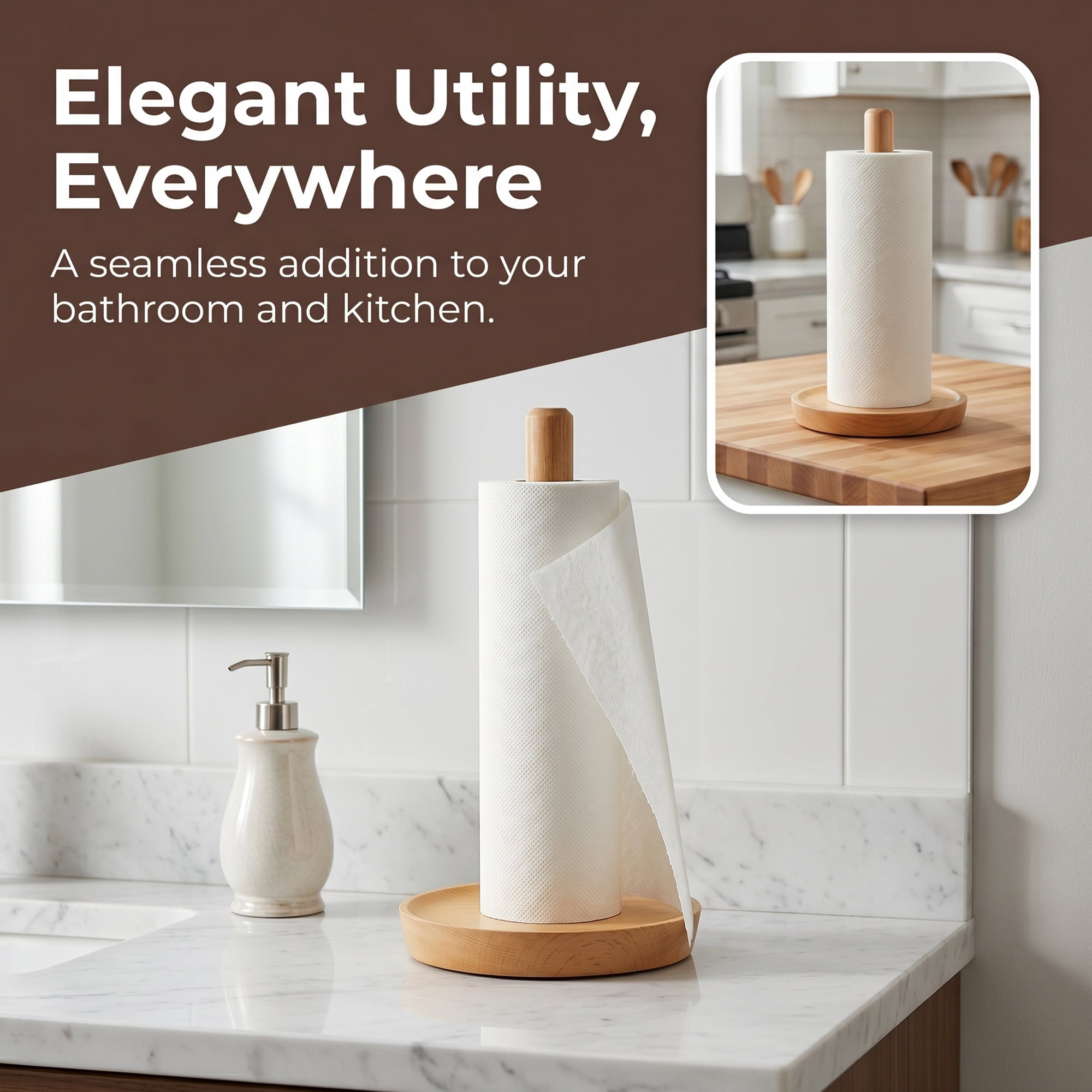 Unique Bargains Paper Towel Holder Countertop Non-Slip Base Wood Light brown B 12x5.9inch