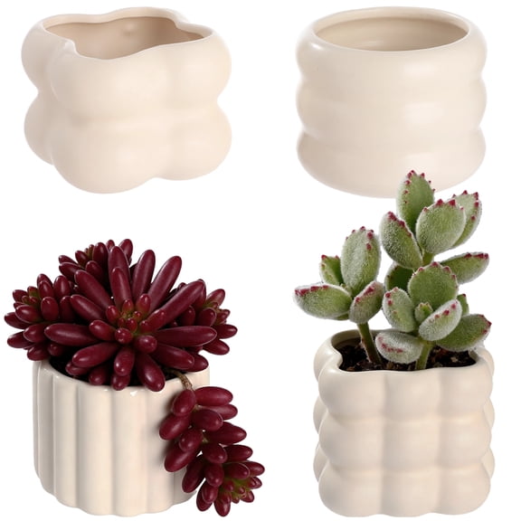 Set of 4 Ceramic Succulent Pots with Drainage, Creamy White Puffy Planters Minimalist Sculpted Design, Anti-Slip Base for Indoor Home Decor
