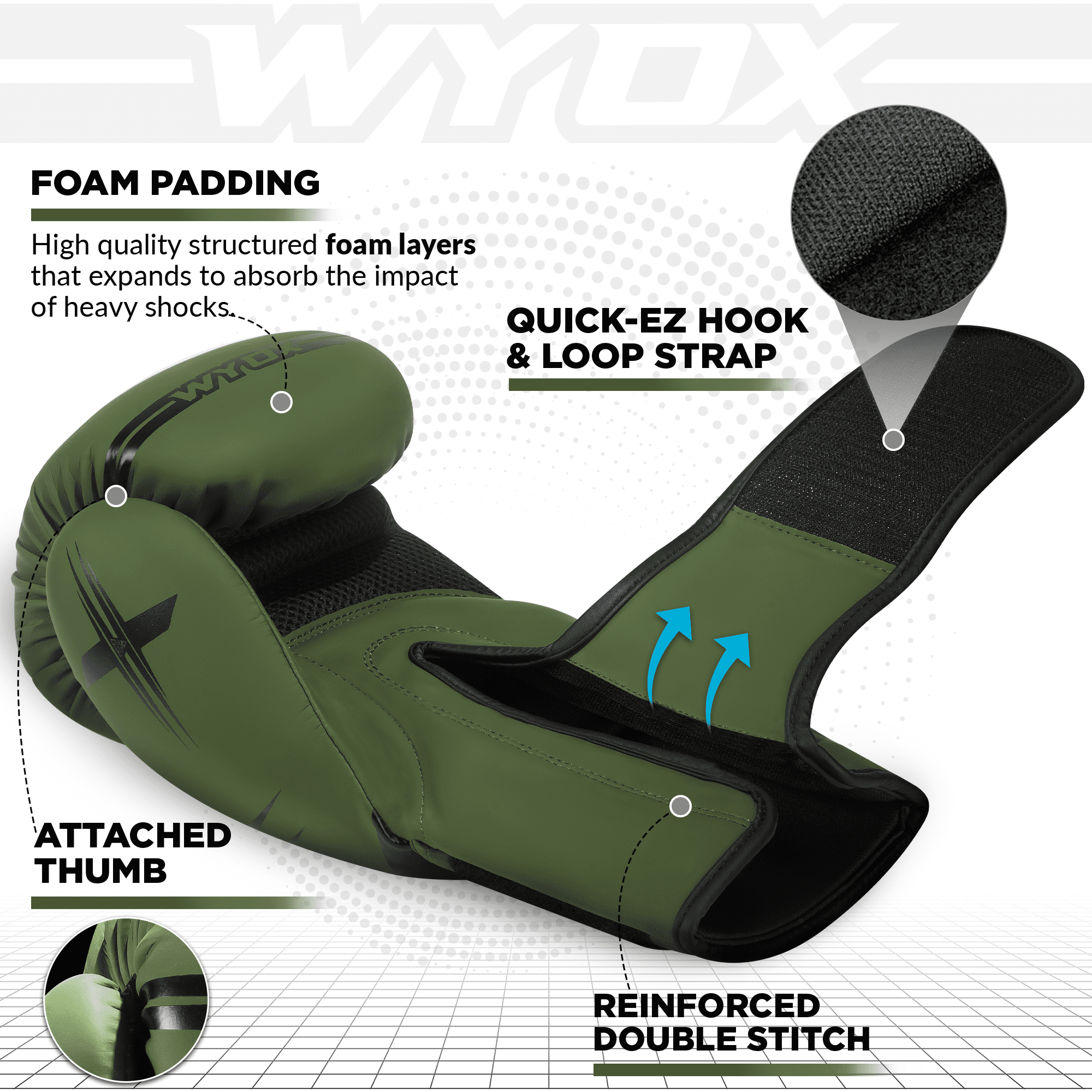 WYOX Sports Boxing Gloves, 14 oz, Army Green, Unisex, for Training, MMA, Kickboxing, Muay Thai, Heavy Bag