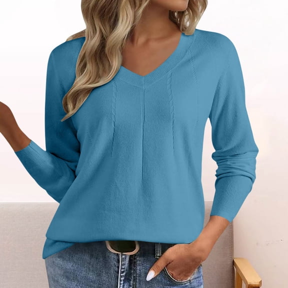 Only Moment Blue Long Sleeve Knit Sweater Tops V Neck Long Sleeve Tops Fall Winter Clothes Crewneck Cozy Outfits Pullover S