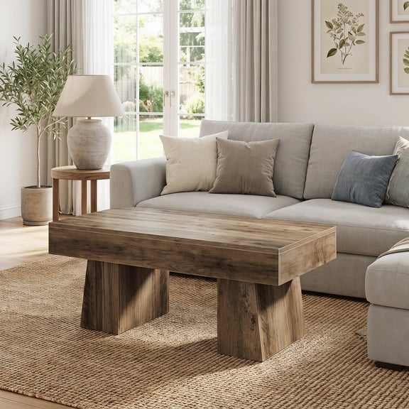 Fnova Farmhouse 47 Inch Rectangle Wooden Coffee Table, Sturdy Base, Modern Cocktail Tea Table, Accent Center Table for Living Room, Bedroom