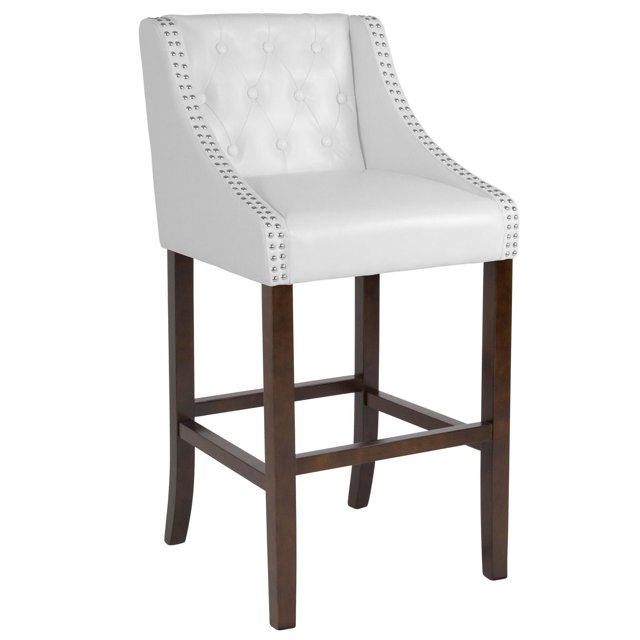 Carmel Series 30" High Transitional Tufted Walnut Barstool with Accent Nail Trim in Black Leather