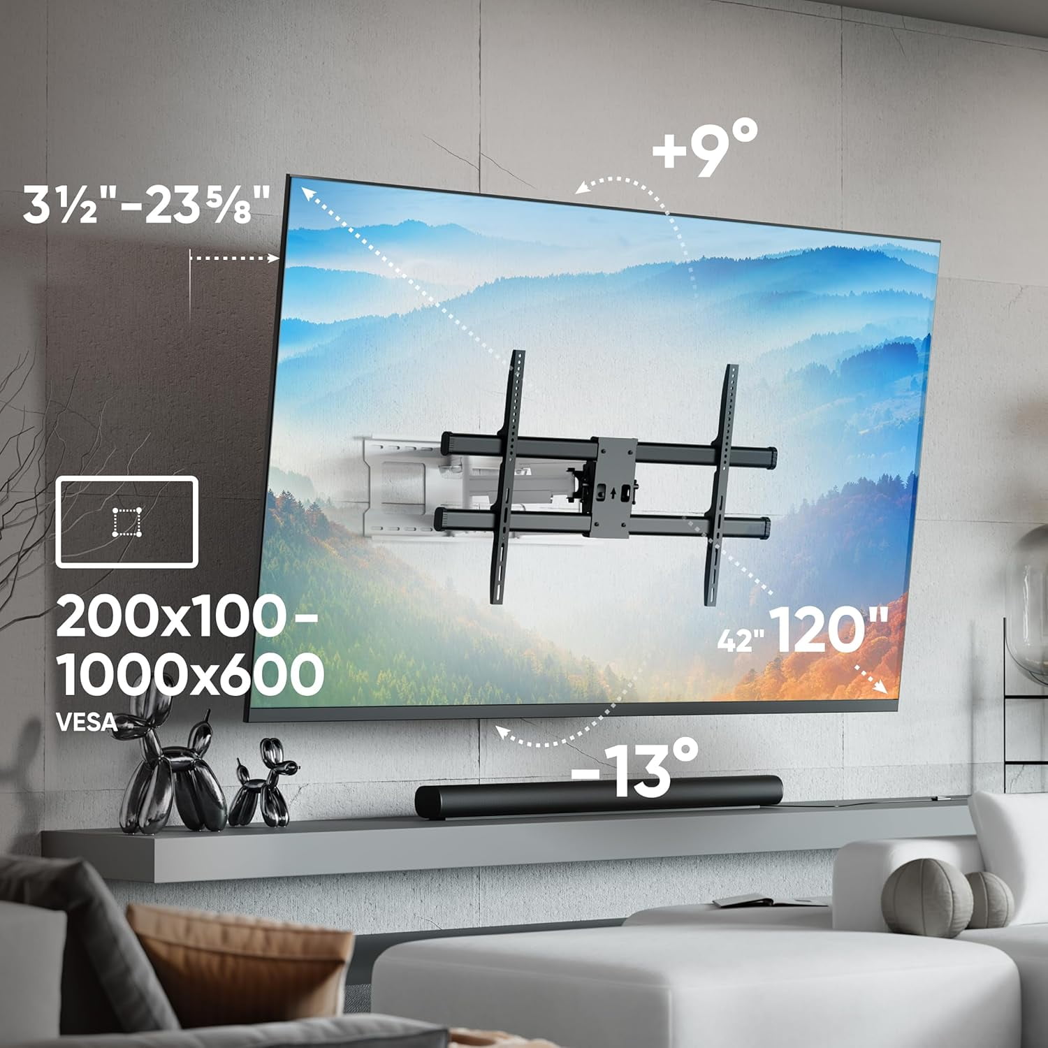 ONKRON Full Motion TV Wall Mount for 42-120 Inch Screen up to 220 lbs, Large Heavy Duty TV Mount Extending, VESA 200x100-1000x600, Tilt and Swivel Television Mount Bracket, Black-White