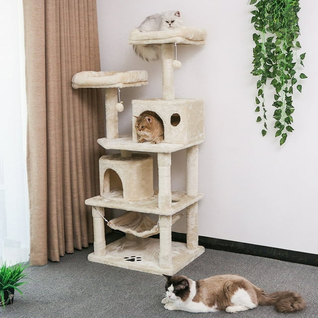 Topcobe 57.1" Multi-Level Cat Tree, Cat Tower, Car Activity Centre Cat Condo with Sisal-Covered Scratcher Slope, Scratching Posts, Plush Perches, Light Yellow
