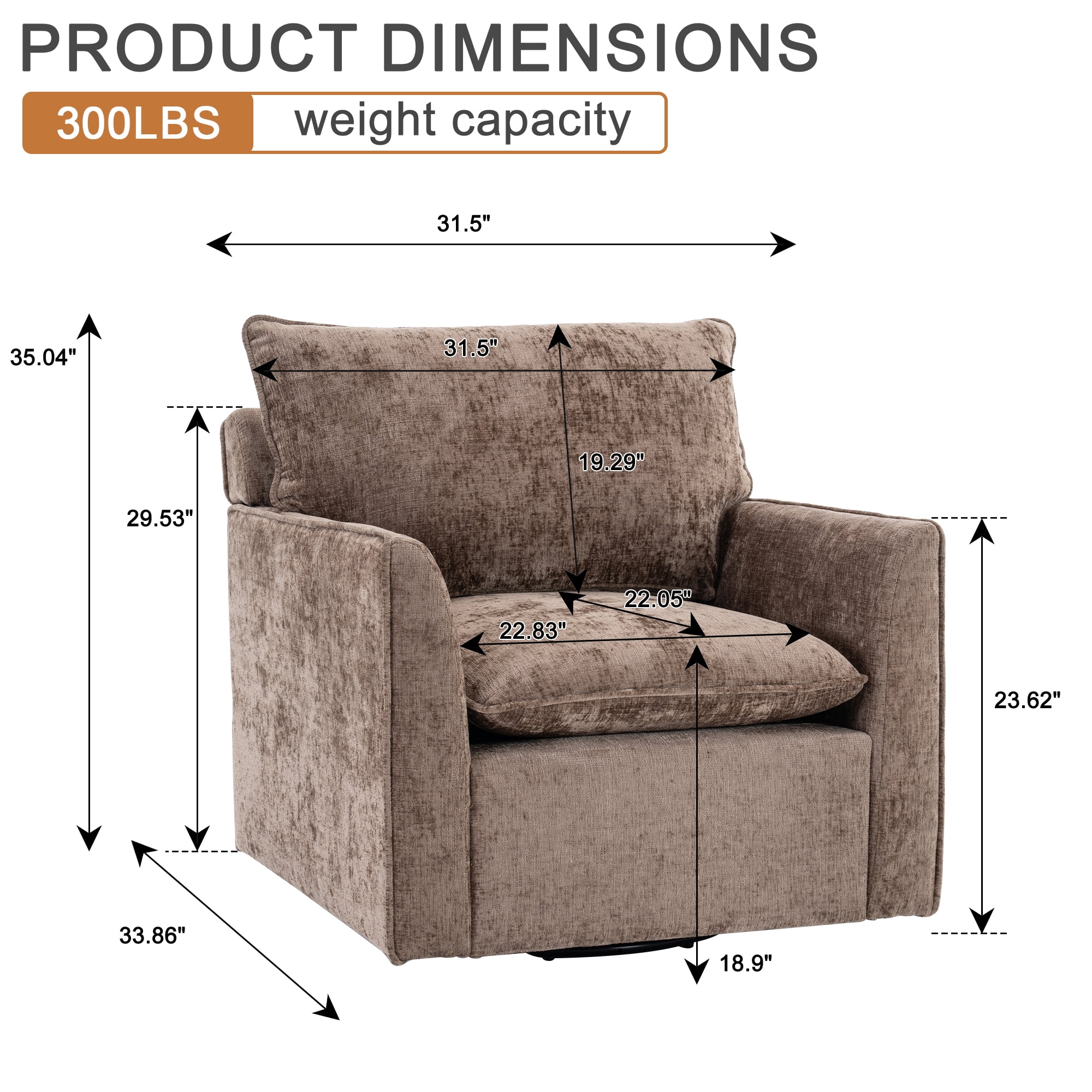 GARITIN 360° Swivel Accent Chair, Comfy Single Square Sofa Armchair, Upholstered Club Chair for Living Room Bedroom Reading Room, Chenille Fabric, Brown