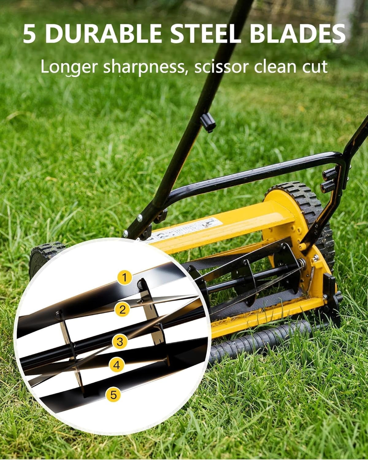 14" Hand Push Lawn Mower, 5-Blade Manual Lawnmower with Adjustable Cutting Height, Push Reel Lawn Mower for Small to Medium Yards, Manual Walk-Behind Lawn Mower for Quiet Eco-Friendly Mowing
