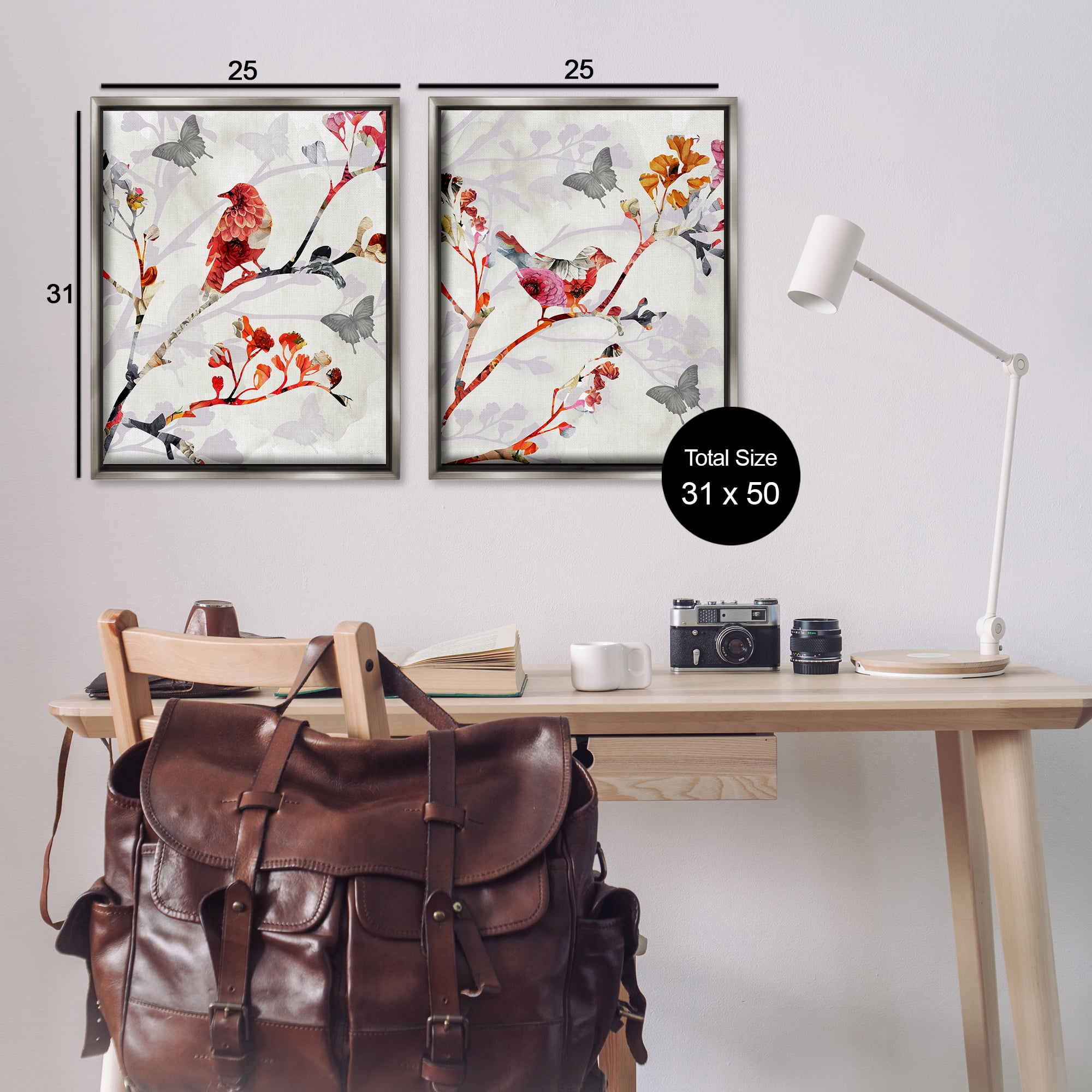 Stupell Industries Flower Birds on Branch Animals Painting Gray Floater Framed Canvas Art Print Wall Art, 31 x 25, Set of 2