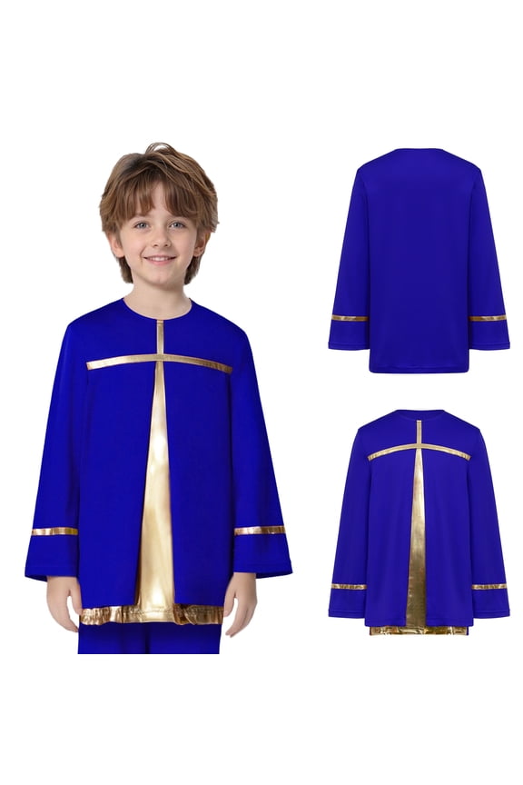 Boys Liturgical Worship Praise Dance Top Metallic Color Block Long Sleeve Pullover Shirts Tunic Dancewear Blue 12
