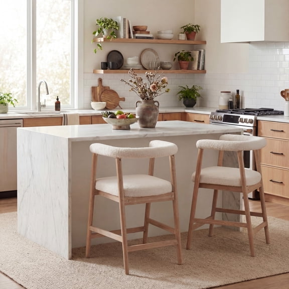 Christopher Knight Home 24.5" Seat Height Bar Stools with Back, Upholstered Counter Stools for Kitchen Island, Natural, Set of 2