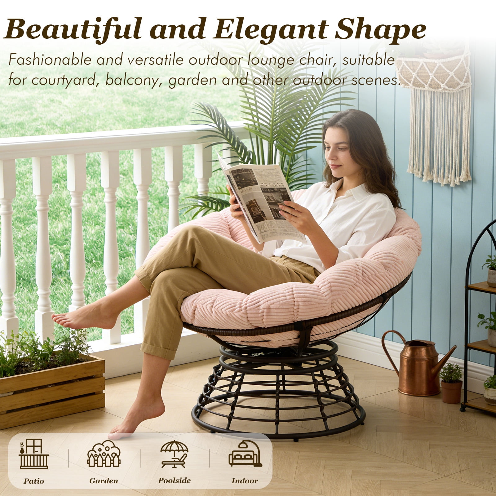 MOONMISS 360° Swivel Wicker Papasan Chair with Soft Thick Cushion for Living Room,Pink