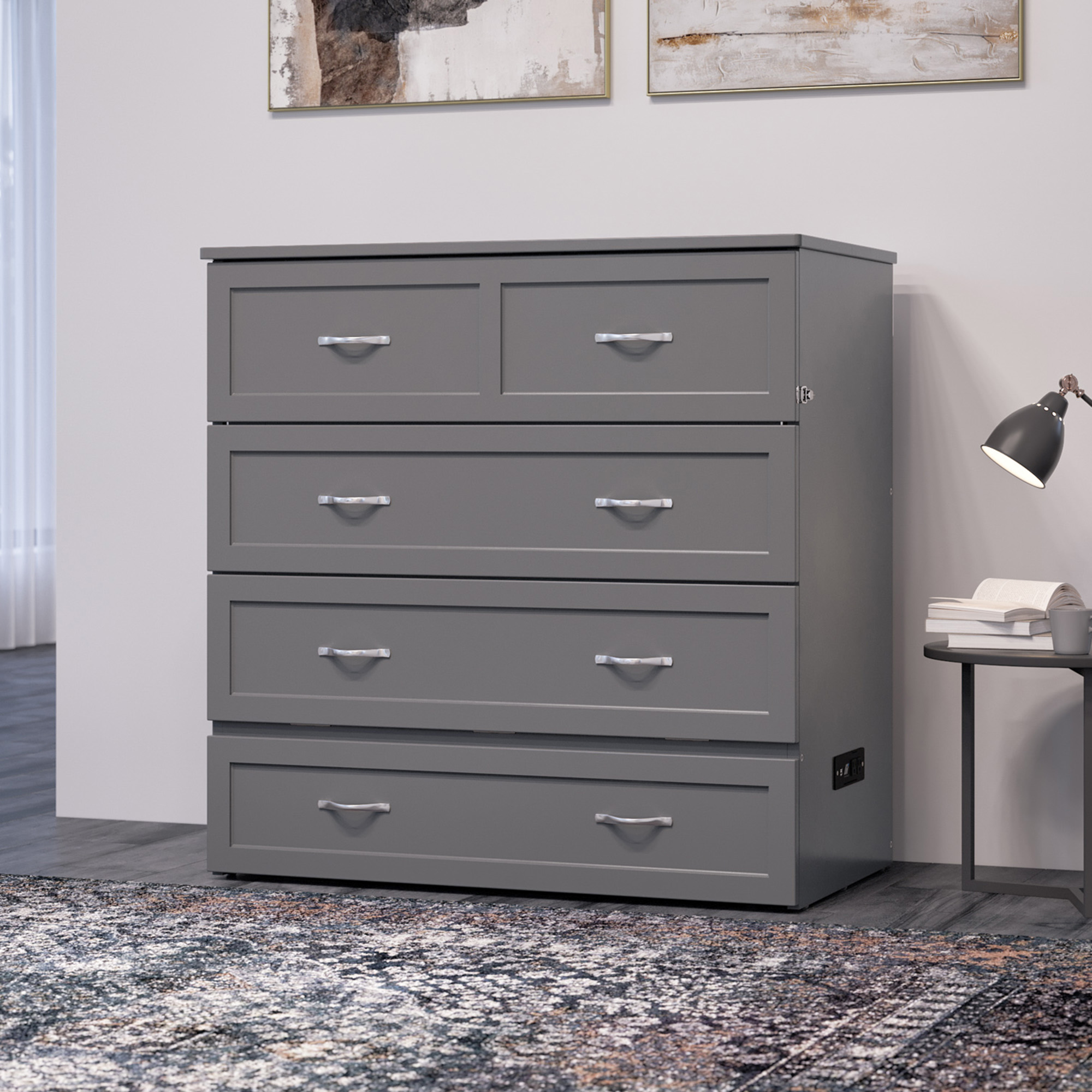 AFI Northfield Twin-XL Wood Murphy Bed Chest with 6" Mattress, Drawer & Charger, Grey