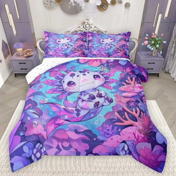 Feelyou Purple Axolotl Teens Bedding Comforter Set, Kawaii Ocean Animal Twin Comforter Sets, Dreamy Marine Coral Reversible Bedding Set, Luxury Bedroom Decor, 2 Pieces