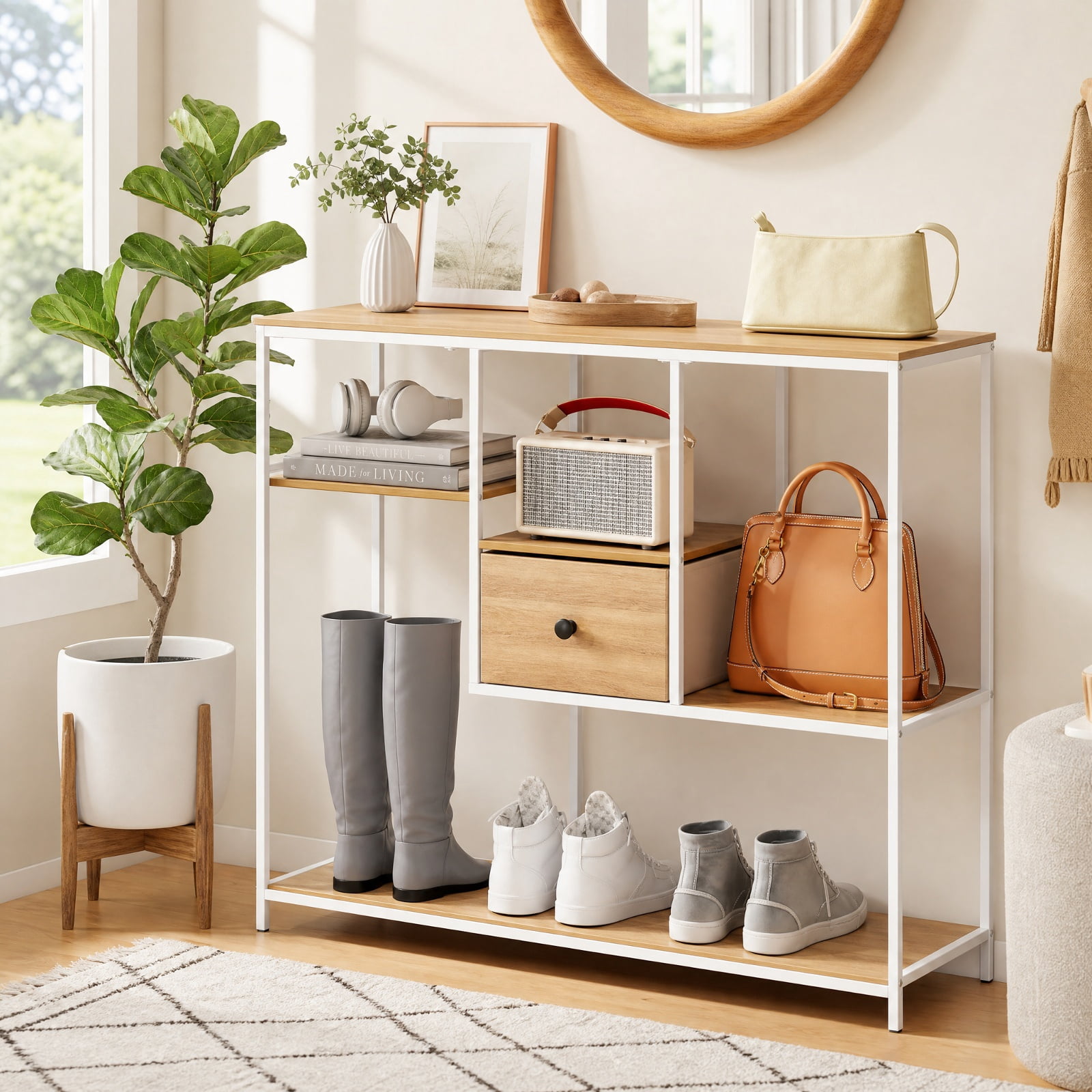 Furnibear 40 Inch Console Table Behind Sofa Couch with Fabric Drawer and Staggered Storage Shelves for Living Room Entryway and Hallway, Natural