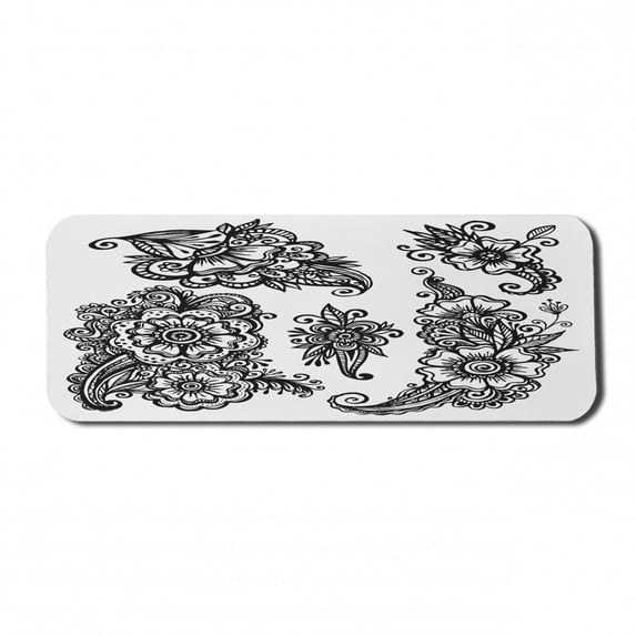 Floral Computer Mouse Pad, Hand Drawn Style Vintage Compositions Blossoming Flowers Retro Fun Design, Rectangle Non-Slip Rubber Mousepad Large, 31" x 12" Gaming Size, White Black, by Ambesonne