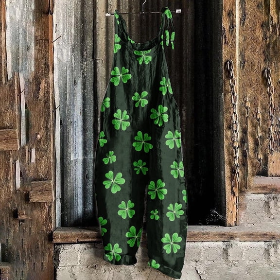 Hueook St. Patrick's Straight Leg Yoga Pants for Women Pants Ladies' Printed Sleeveless Casual Overalls Jumpsuit Jumpsuit Pants Green L