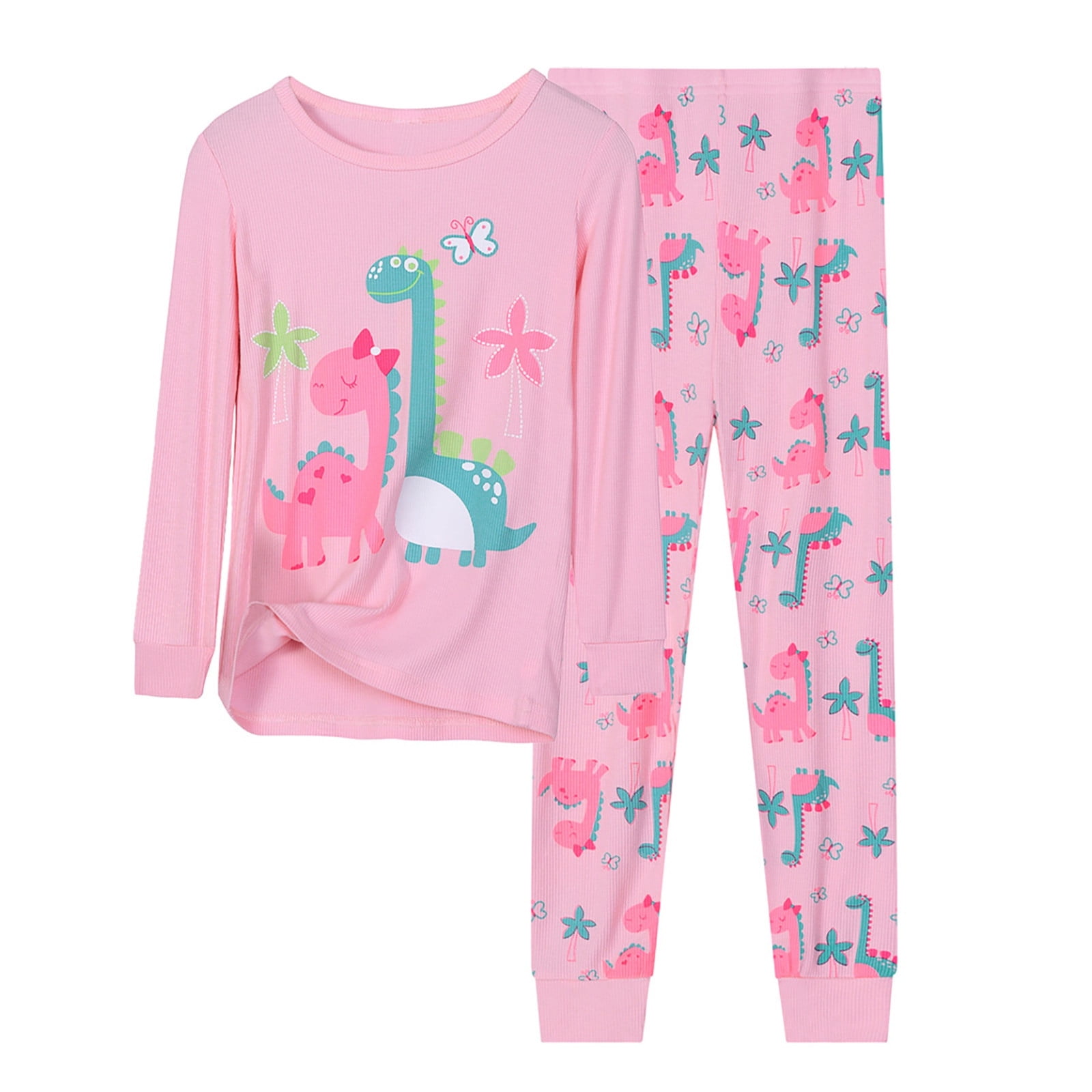 Hiiyo Big Girls Pajamas Cartoon Prints Ribbed Long Sleeve Tshirt Pants Homewear Pj's