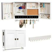 Jewelry Organizer with Wooden Barn Door, Wall Mounted White Wood Hanging Jewelry Holder with Removable Bracelet Rod and Hook Organizer for Necklaces, Earrings, Bracelets, Ring Hold