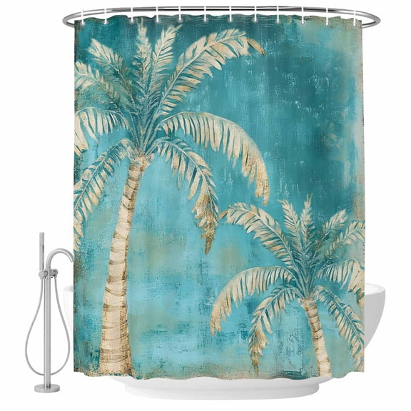 Coastal Beach Palm Tree Shower Curtain Set - Extra Long 72" x 96" Washable Bathtub Curtain with 12 Hooks, Retro Teal Tropical Plant Summer Waterproof Fabric Stall Shower Curtains for Bathroom Décor