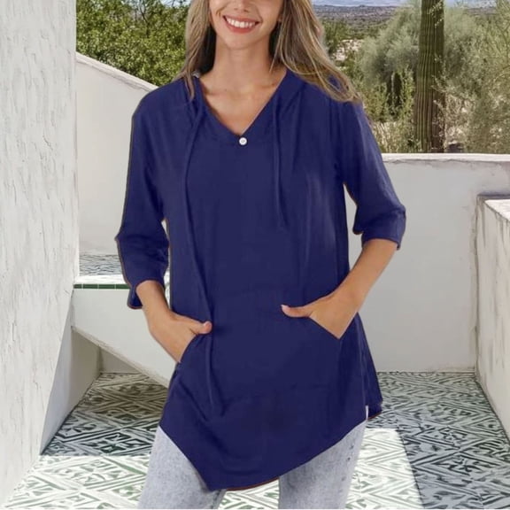 Uootdi 3/4 Sleeve Tops for Women Hooded with Pockets Loose Fit Soft Comfy Casual Daily Loungewear Tunic Shirts Gift