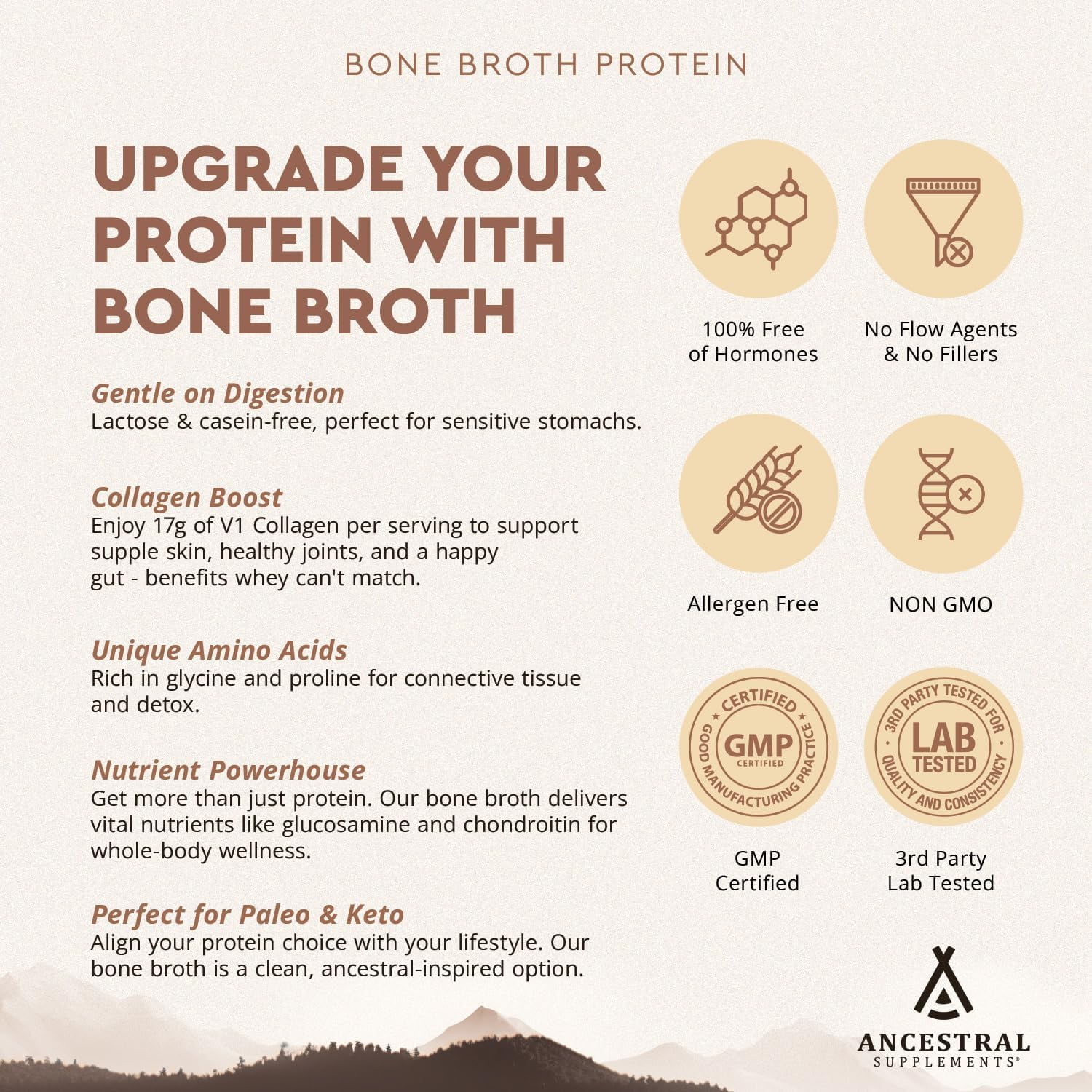 Ancestral Supplements Beef Bone Broth Protein Powder with Beef Organs & Organic Mushrooms, High Protein Supplement, Chocolate Flavor, 20g Protein Per Serving