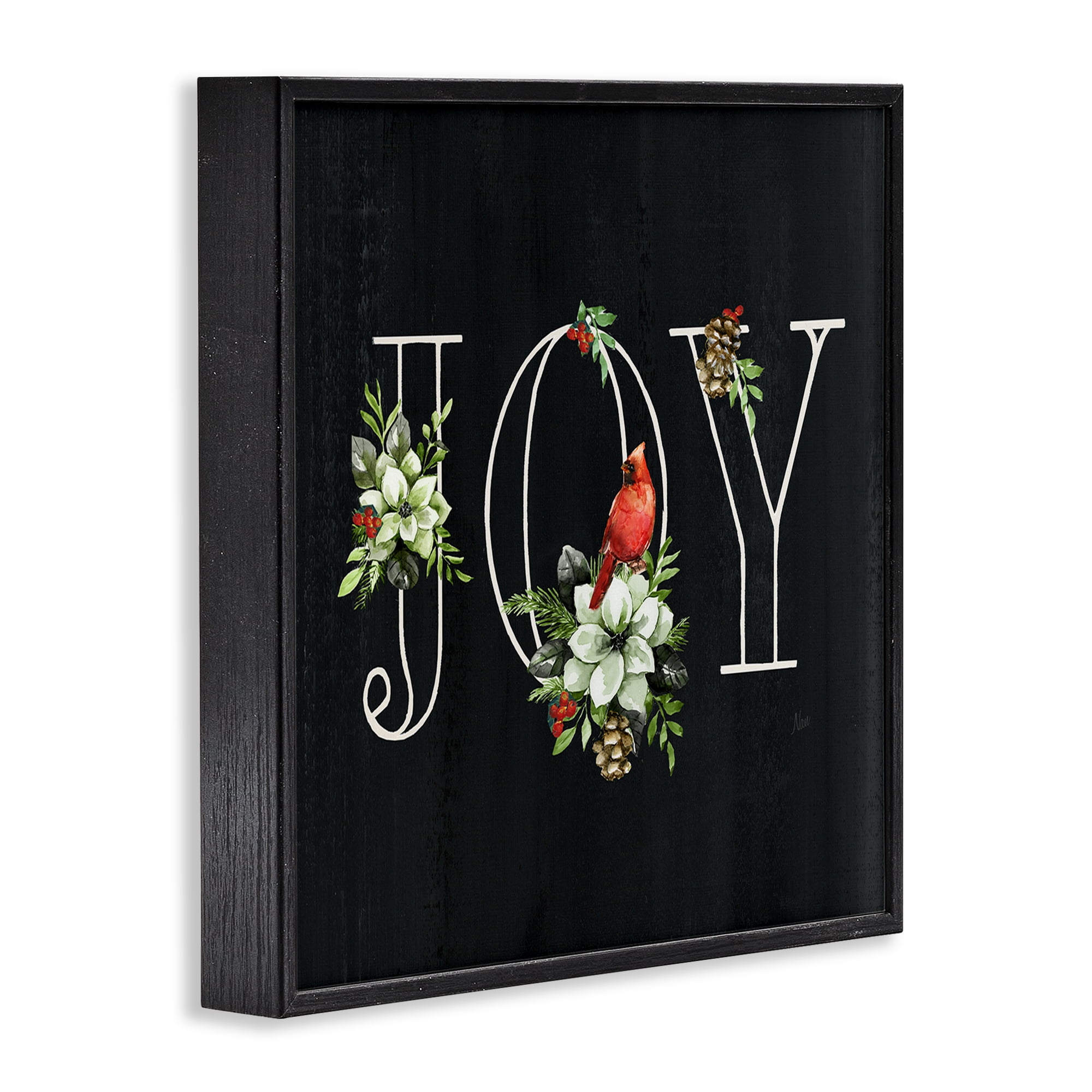 Stupell Industries Joy Letters with Florals Holiday Painting Black Framed Art Prints Wall Art, 12 x 12