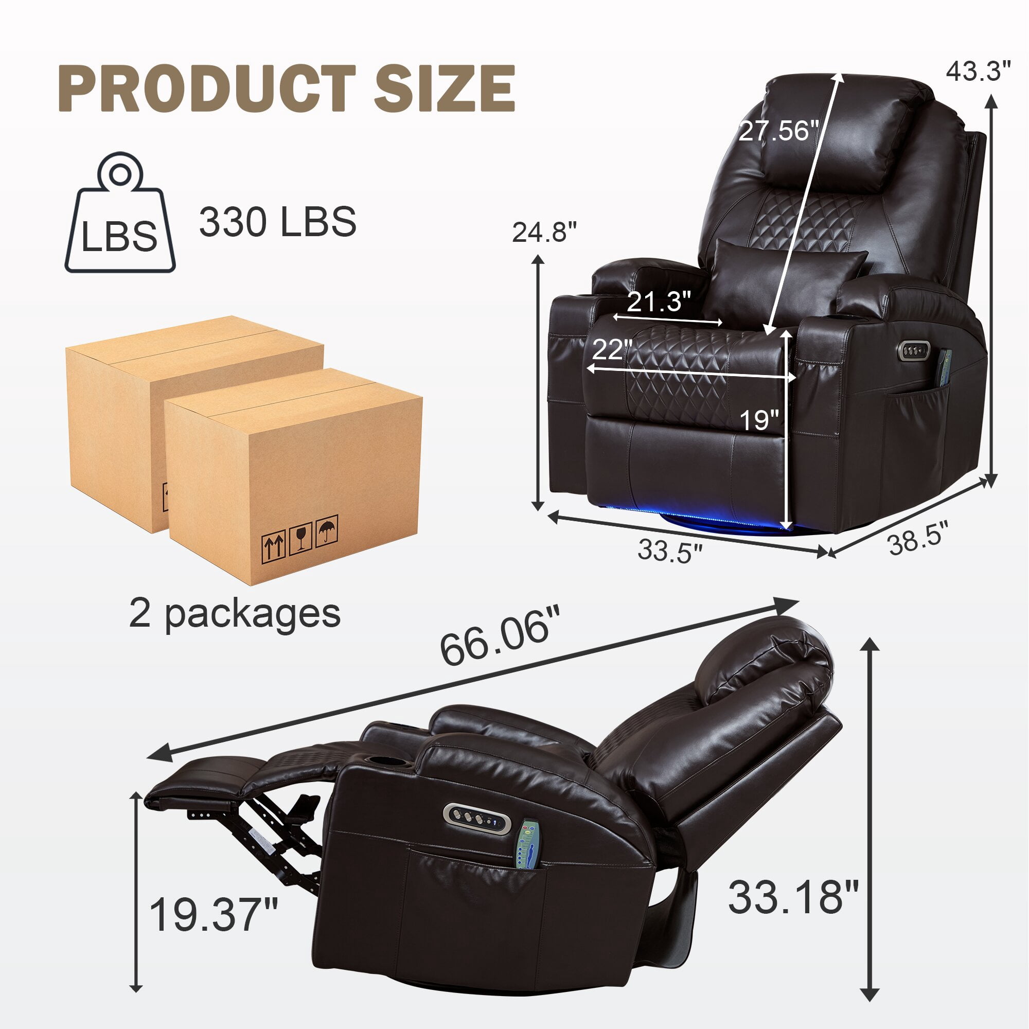 QJTC Power Swivel Rocker Recliner Chair for Living Room - Rocking Recliner with Heat and Massage/Cup Holder/LED Lights/USB & USB-C Ports (Set of 2, Black)