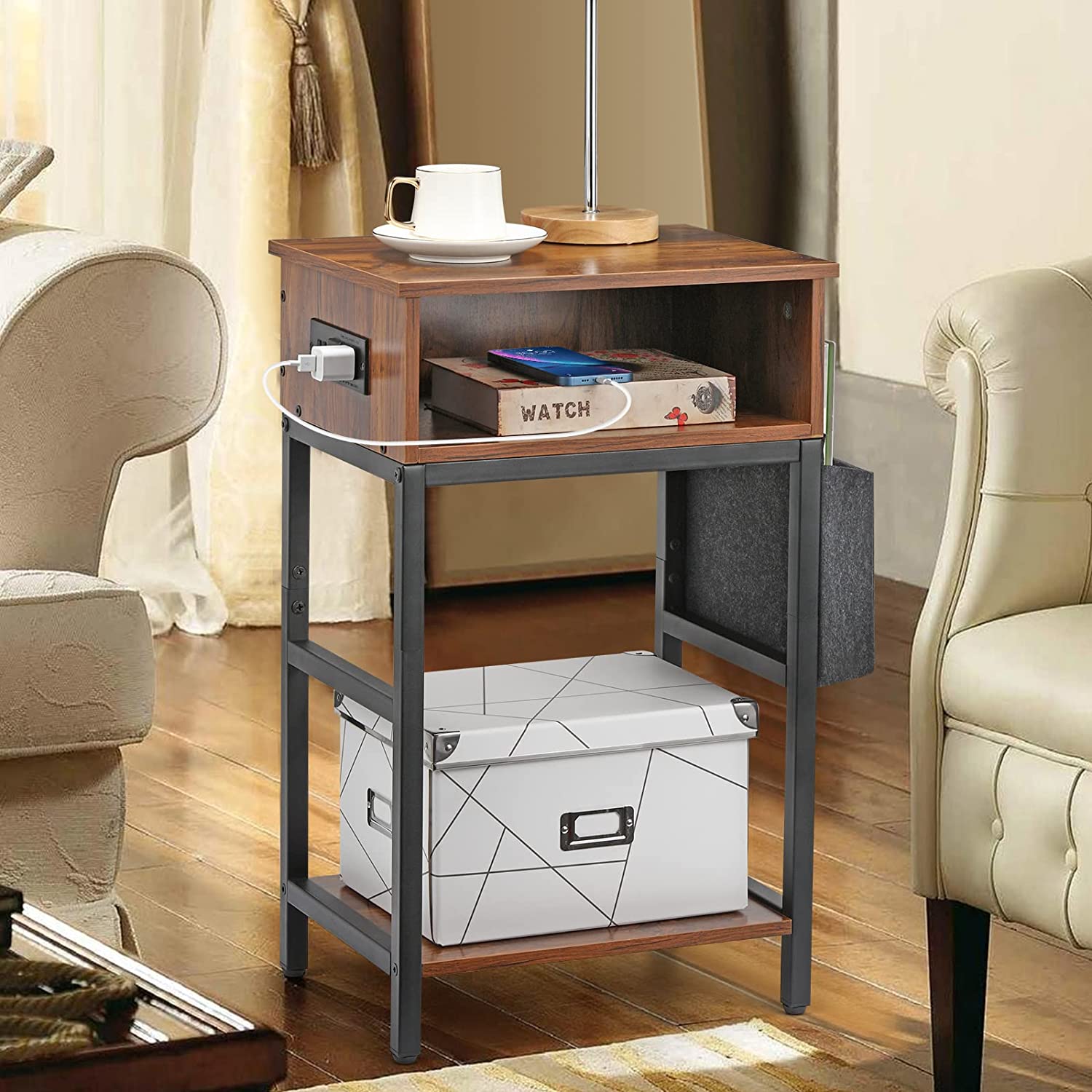 Oumilen Western Home 25.2" End Table with Charging Station, Rustic Walnut Wood