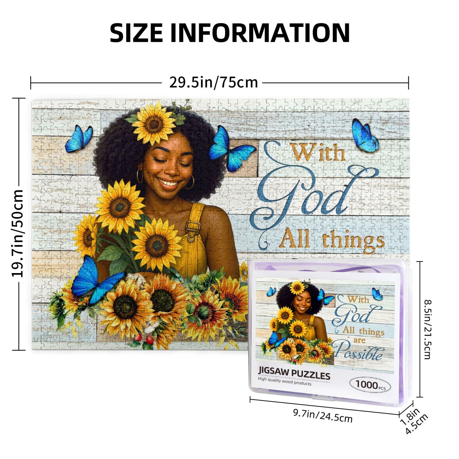 African American Inspirational 1000 Pieces Jigsaw Puzzles Black Queen Motivational Jigsaw Puzzles Black Women Sunflower with God All Things Are Possible