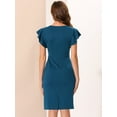 thumbnail image 3 of Unique Bargains Women's Ruffle Sleeve V Neck Ruched Front Work Sheath Bodycon Dresses XS Navy Blue, 3 of 6