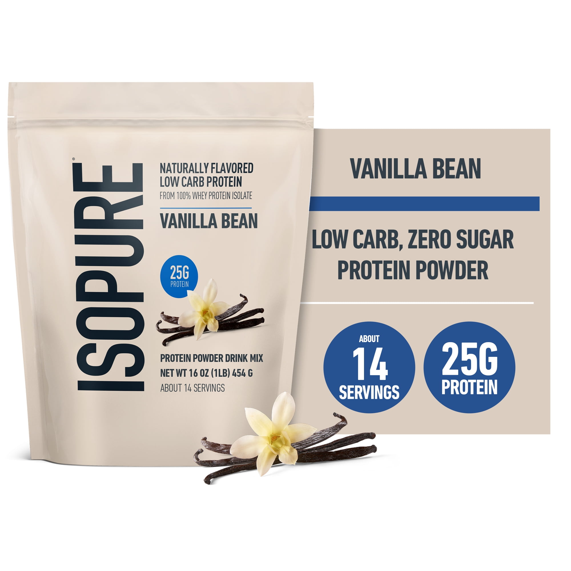 Isopure Low Carb 100% Pure Whey Isolate Protein Powder, Lactose Free, Gluten Free, With Vitamins, Vanilla Bean, 25g Protein Per Serving, 1 Lb, 14 Servings (Packaging May Vary)